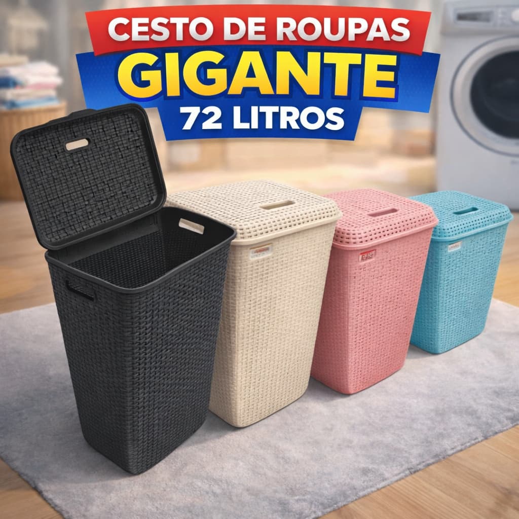 Cesto de Roupa Suja com Tampa 72 Litros para Lavanderia Banheiro Multiuso Grande Família