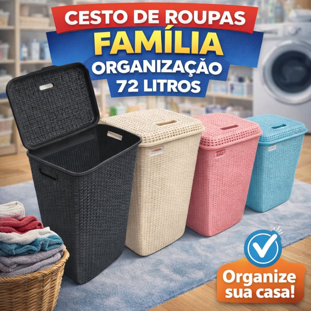 Cesto de Roupa Suja Roupeiro Grande 72L com Tampa Rattan Qualidade Lavanderia Banheiro Multiuso Gigante Família Premium