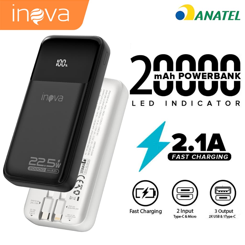 INOVA Power Bank 20000mAh Carregador Portátil para Celular Bateria Portátil 22.5W Turbo Tipo-C