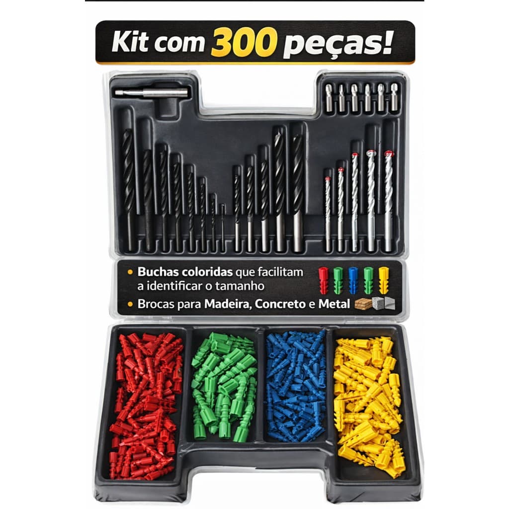 Jogo De Brocas Bits E Buchas 300 Peças Kit Completo Para Furadeira e Parafusadeira Com Maleta
