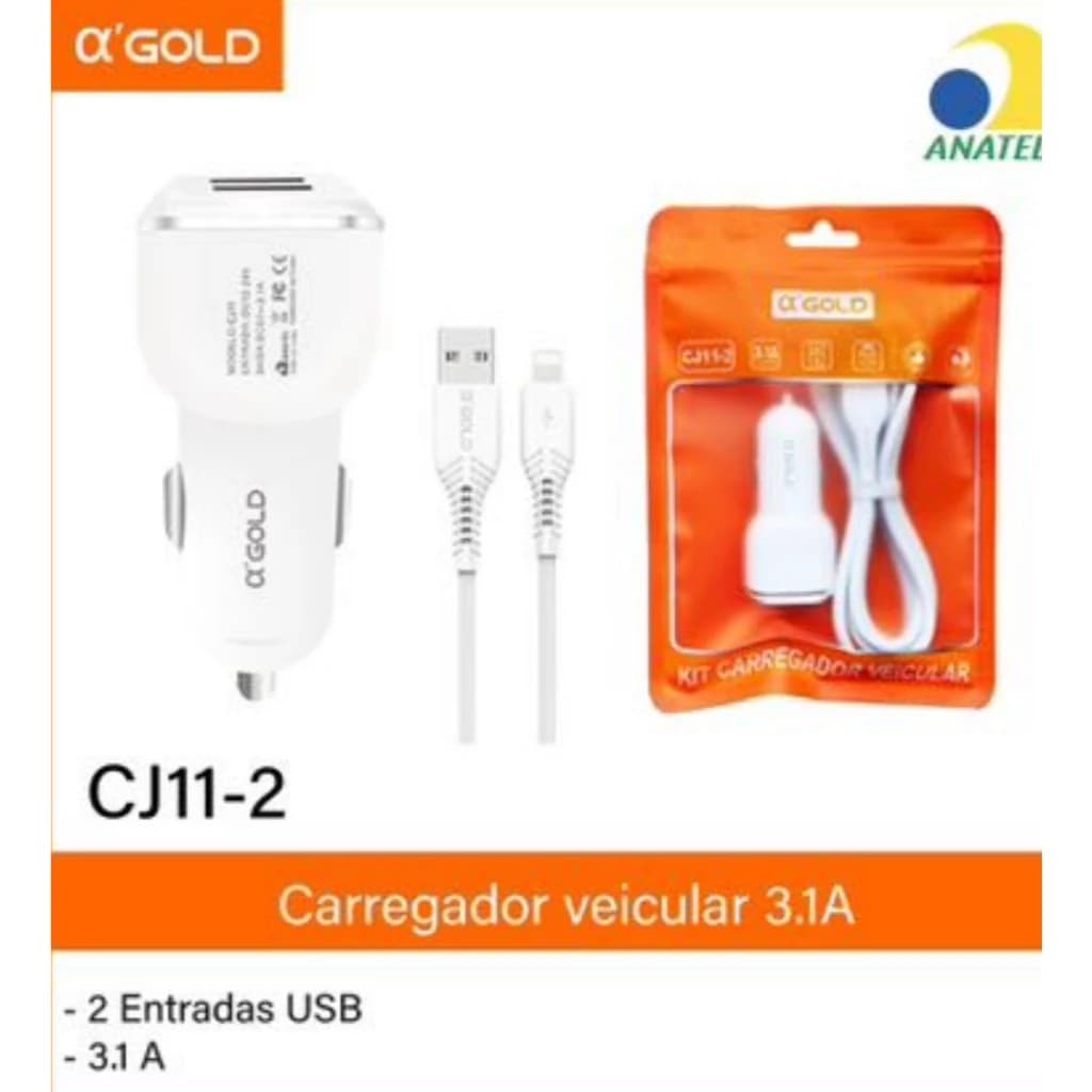 KIT CARREGADOR VEICULAR TIPO C AGOLD 3.1A ANATEL CJ11-3
