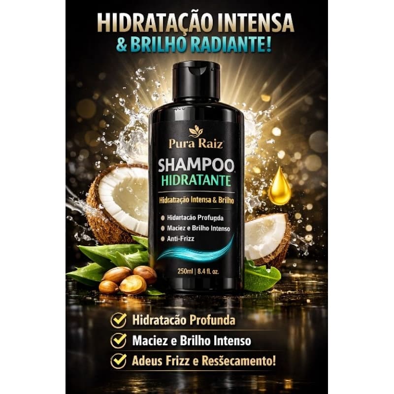 Shampoo Hidratante  250ml – Hidratação Profunda, Brilho Intenso, Anti-Frizz, Cabelos Secos e Ressecados primeira lavagem