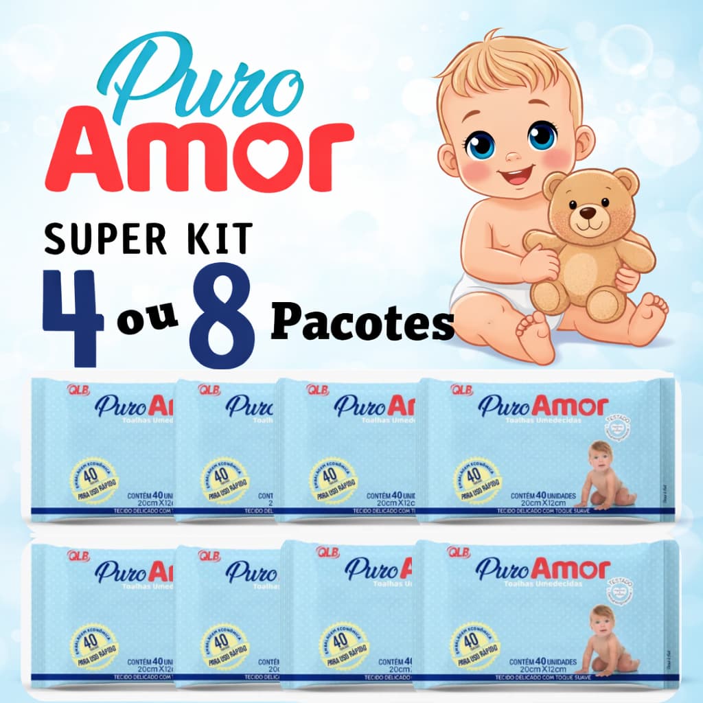 Lenço Umedecido Puro Amor Infantil Troca de Fralda Criança Bebê Recém Nascido Corpo Mão Rosto KIT com 4 ou 8 Pacotes
