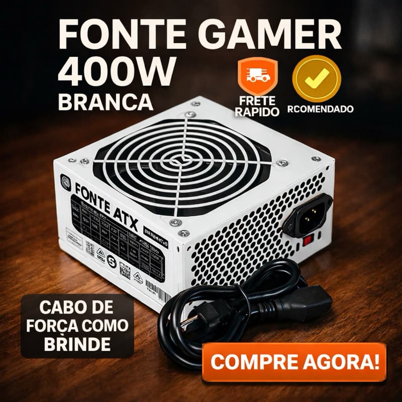 Fonte ATX 400W Reforçada Branca Bivolt Manual Silenciosa Cooler 120mm P/ PC Intel AMD Gamer
