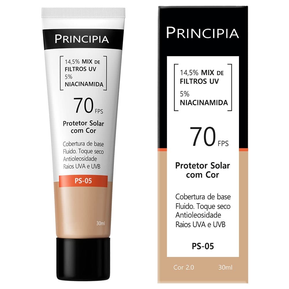 Principia Protetor Solar PS-05 Cor 2.0 c/ 14,5% Mix de Filtros UV + 5% Niacinamida FPS 70 - 30ml