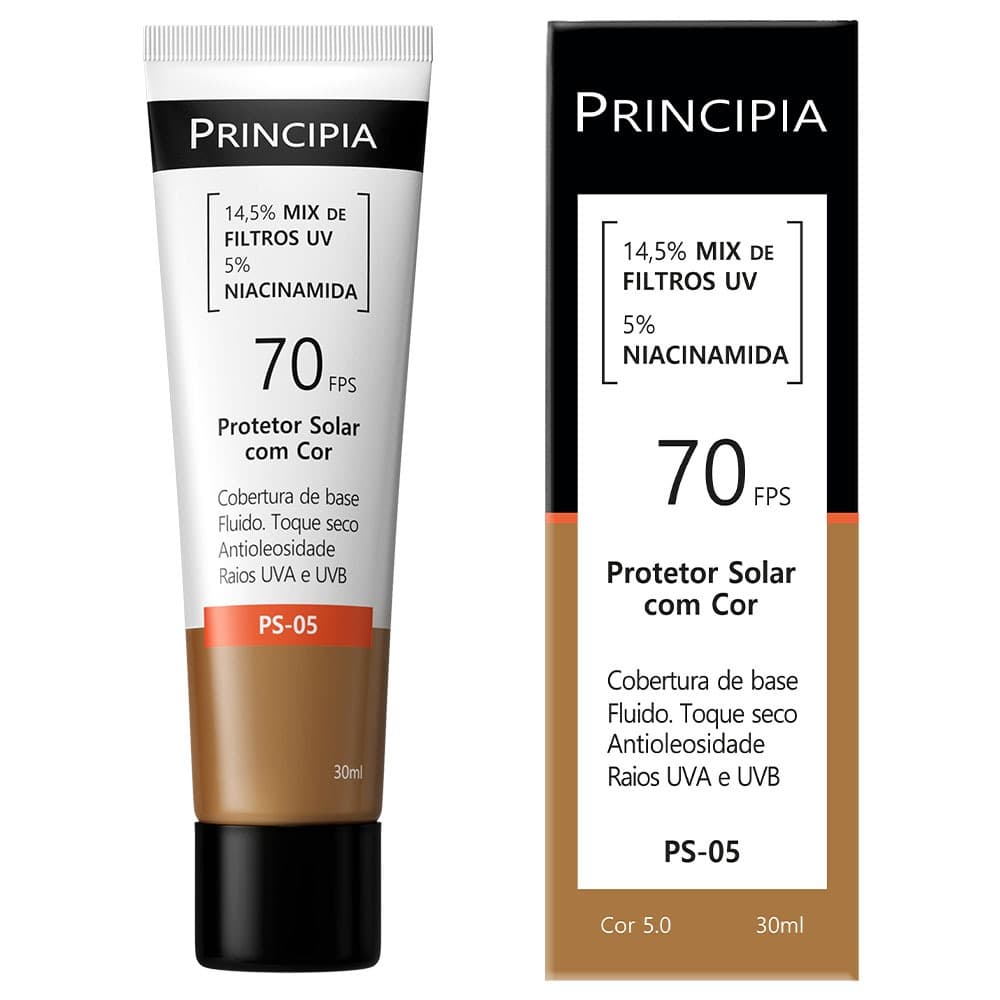 Principia Protetor Solar PS-05 Cor 5.0 c/ 14,5% Mix de Filtros UV + 5% Niacinamida FPS 70 - 30ml