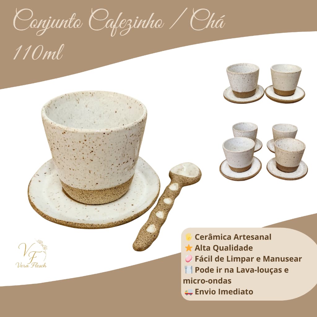 Conjunto Cafezinho / Chá 110ml com colherzinha branco Cerâmica Artesanal/Orgânico / Cantinho do Café