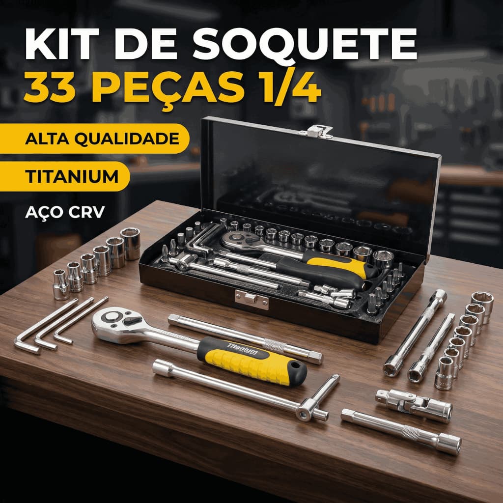 Jogo Kit de Soquete 33 Peças 1/4 Catraca Chave Allen 05610 Titanium Completo e Resistente