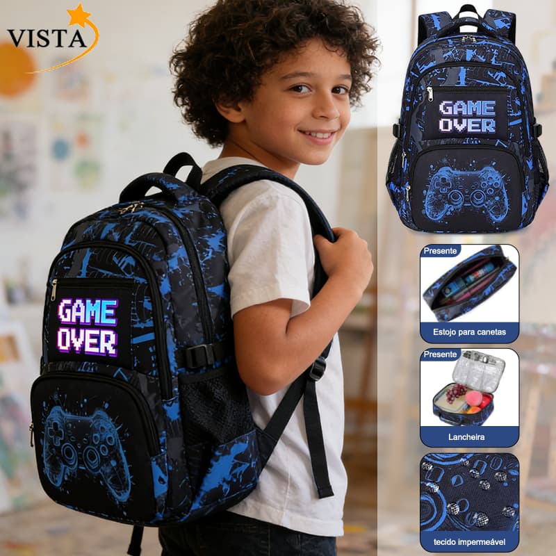 Kit Mochila Escolar Gamer 3 em 1 Preta com Tema Videogame e Controle – Infantil e Juvenil
