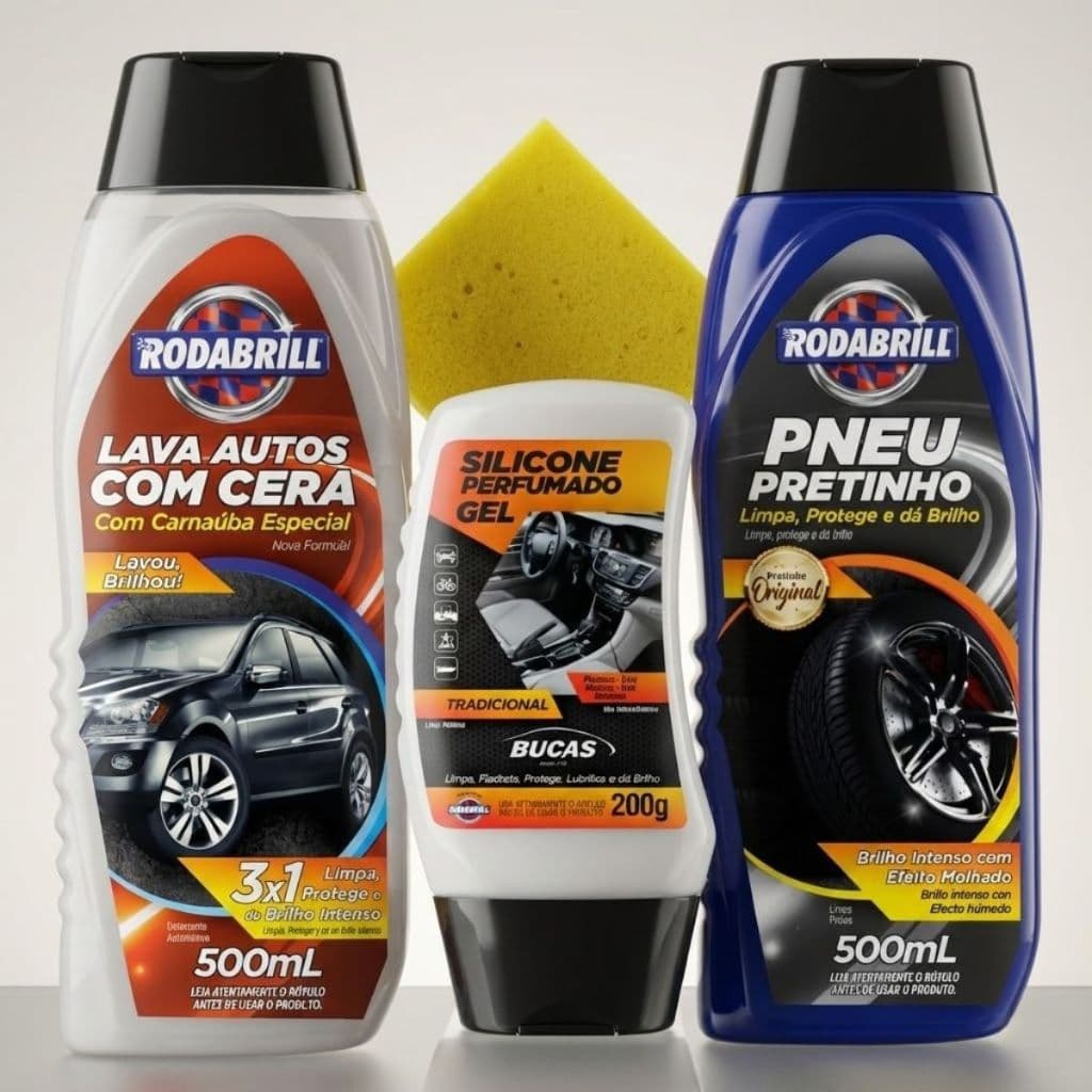 Kit Para Lavar Carro em Casa Com Shampoo Com Cera de Carnauba + Pneu Pretinho + Silicone em Gel Para Plasticos