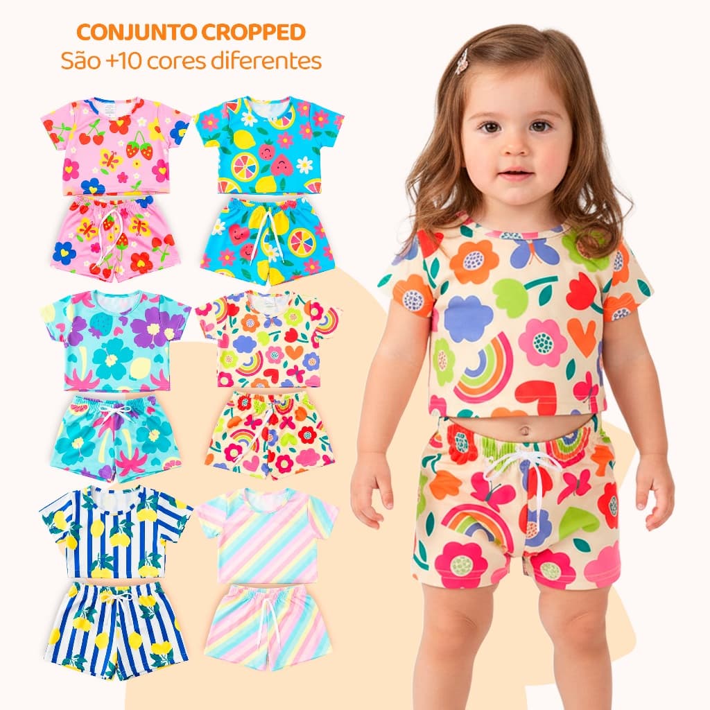 Kit 6 Peças de Conjunto Cropped Bebê Menina Moda Praia Verão Roupa para Bebê Feminina de Calor