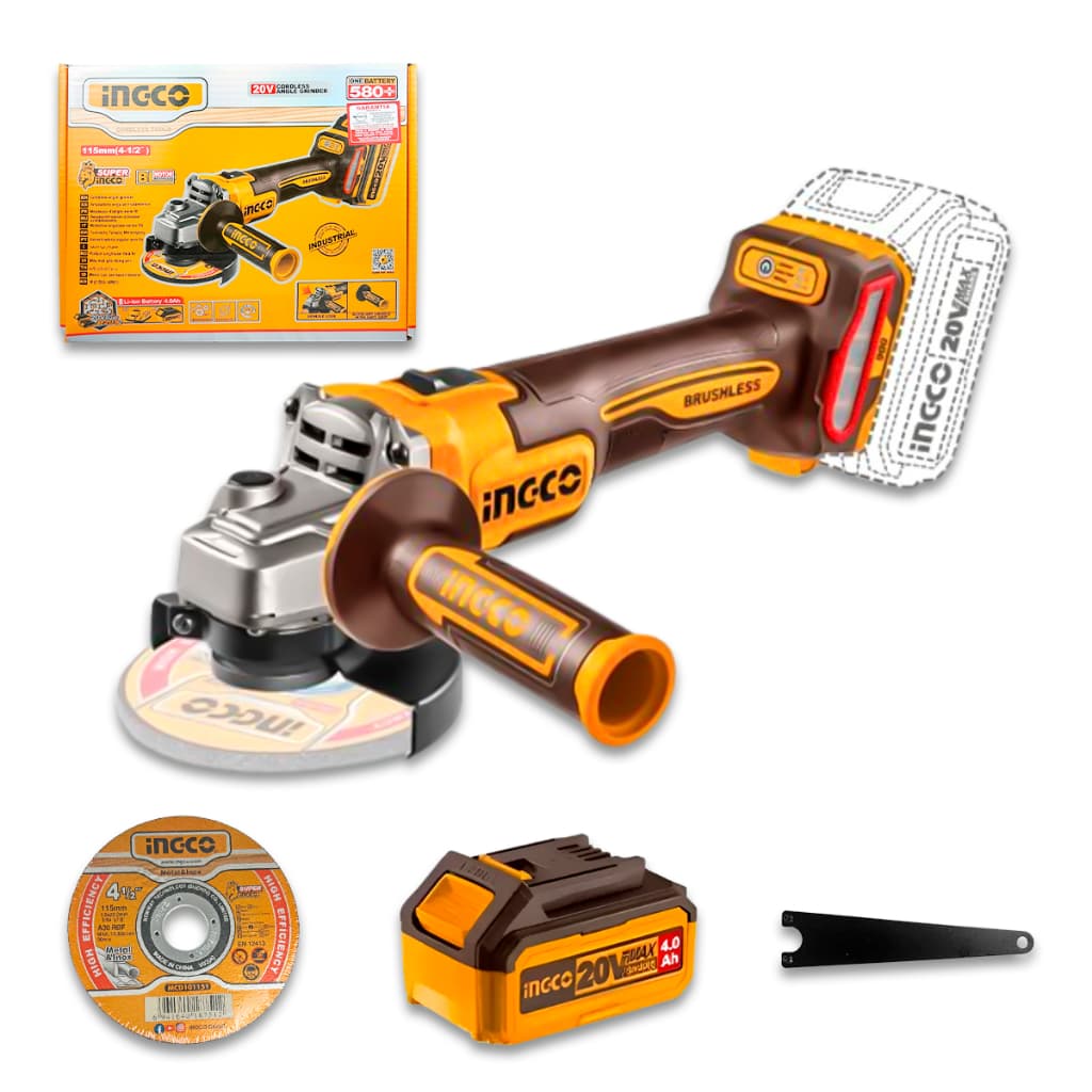 Esmerilhadeira a Bateria INGCO 20V P20S 115mm 4 1 2 Brushless 900W com Bateria Velocidade Variável
