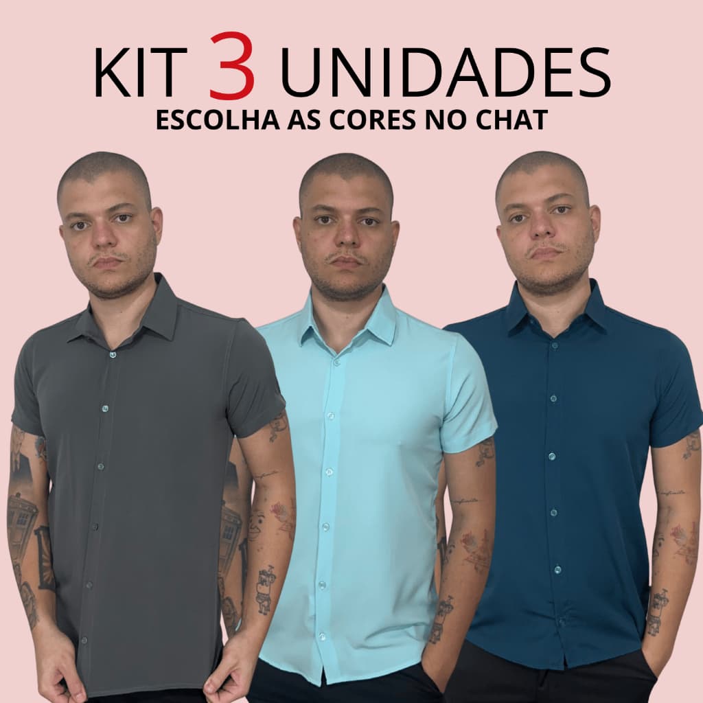 Kit 3 Camisa Social Masculino Manga Curta Slim Lisa Camisa Masculina Social Plus Size