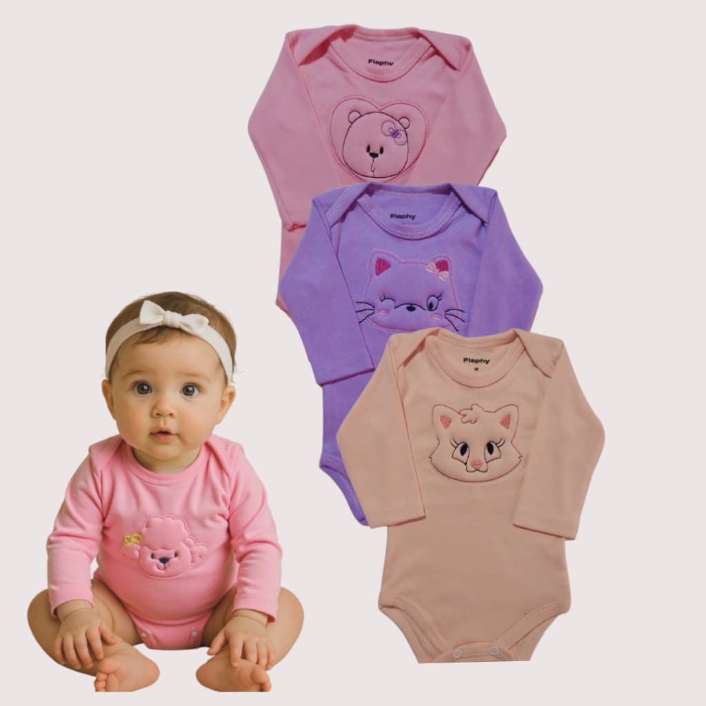 Kit 4 Body Manga Longa Bebê Bordado 100% Algodão Menina Menino infantil