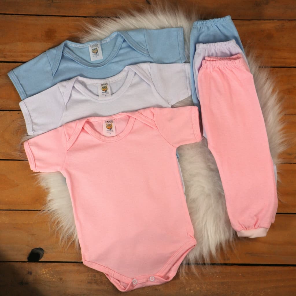 Kit 6 Peças Roupa de Bebê 100% Algodão 3 Body 3 Calça Mijão Enxoval RN P M G