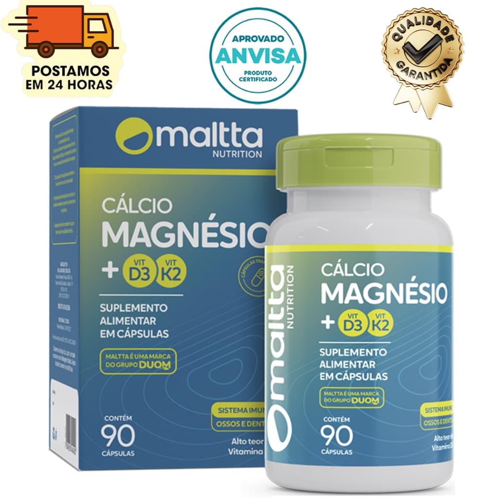 Cálcio + Magnésio + Vitamina K2 + Vitamina D3 - 90 Cápsulas 680mg - Duom