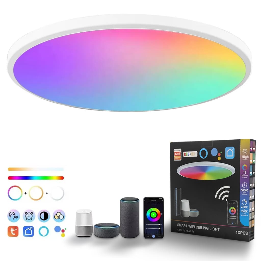 Luminária de teto inteligente LED com Wi-Fi e efeito grafite, luminária de teto RGB de cores plenas, branca.