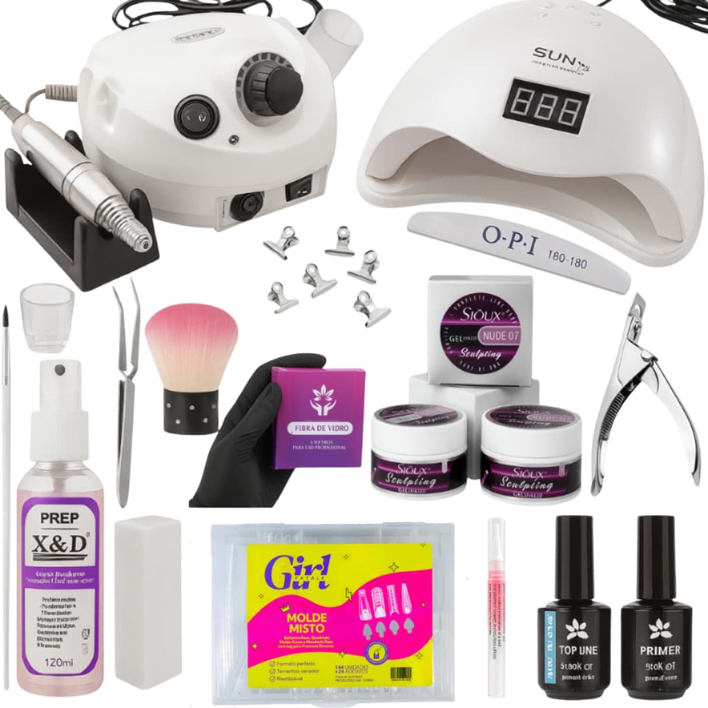 Kit Completo Alongamento Unha Gel Fibra e Mold F1 Lixadeira Porquinho 50000RPM Profissional Manicure