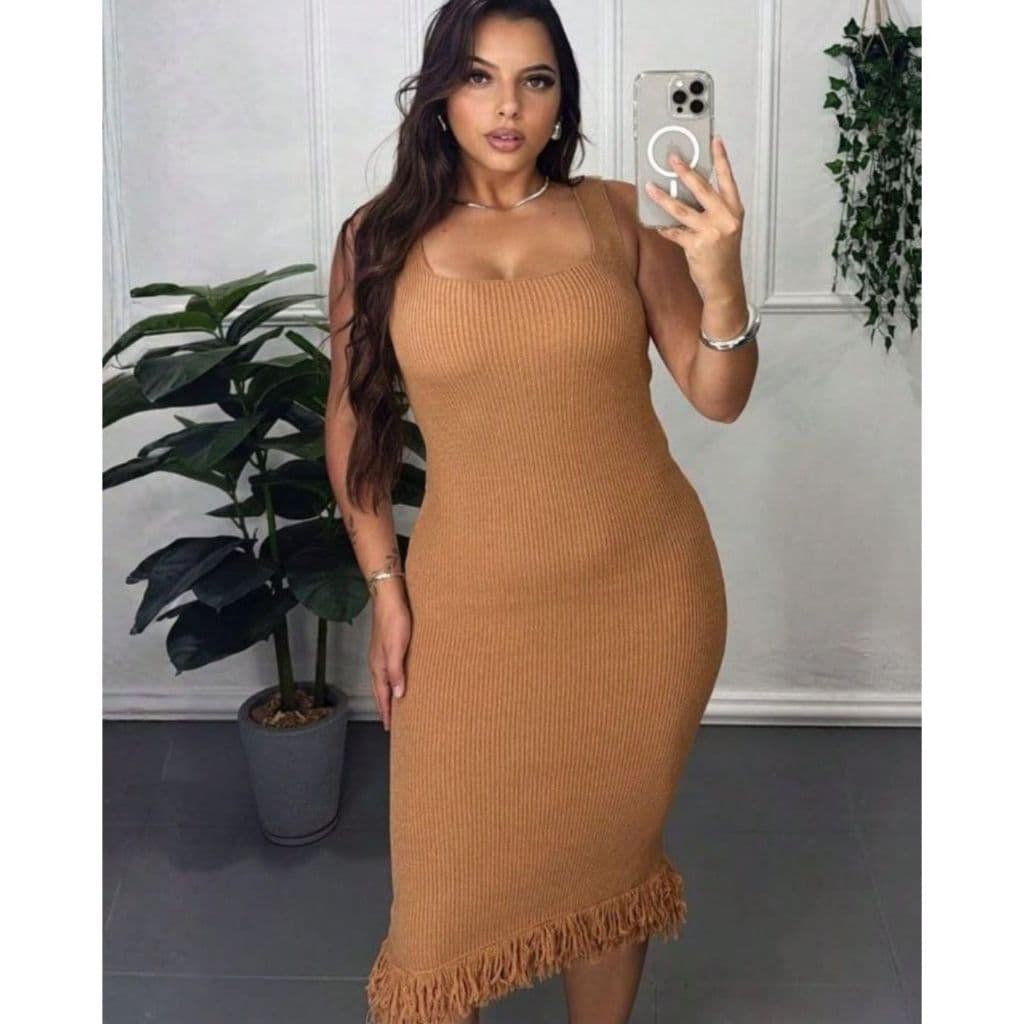 Vestido Feminino Tubinho Tricot Modal Manga Curta Tranças Elegante Roupa Feminina Vestido Midi