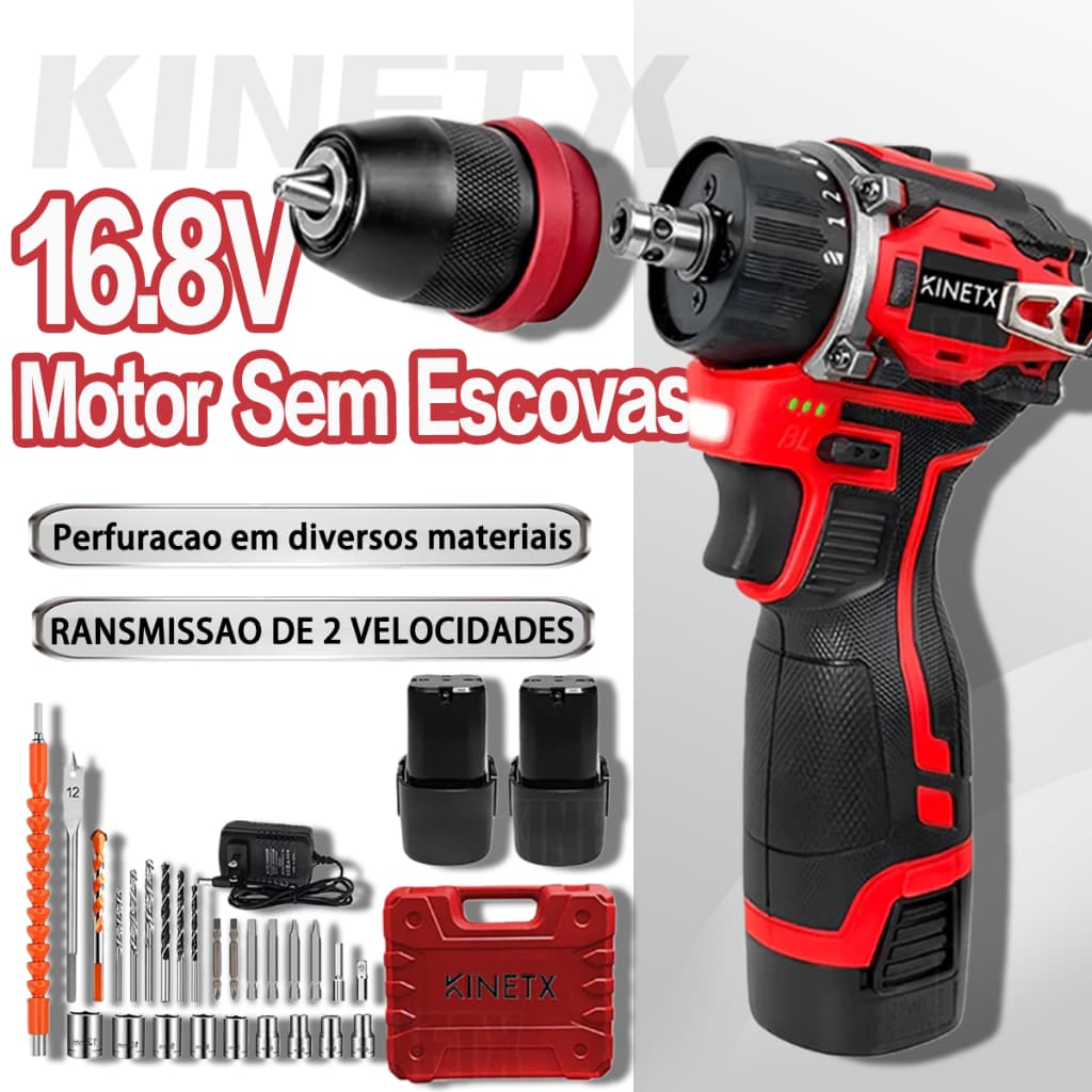KINETX Furadeira Parafusadeira 16.8V Brushless com Mandril Metálico de Catraca e 2 Baterias Lítio Profissional
