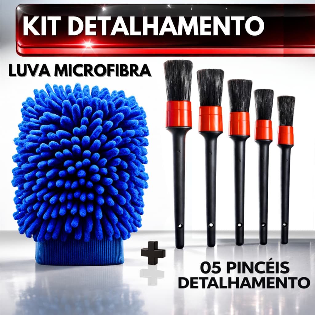 Kit Lavagem Automotiva 05 Pincel Detalhamento + Luva de Microfibra Lavar Carro Moto Limpeza Detalhada