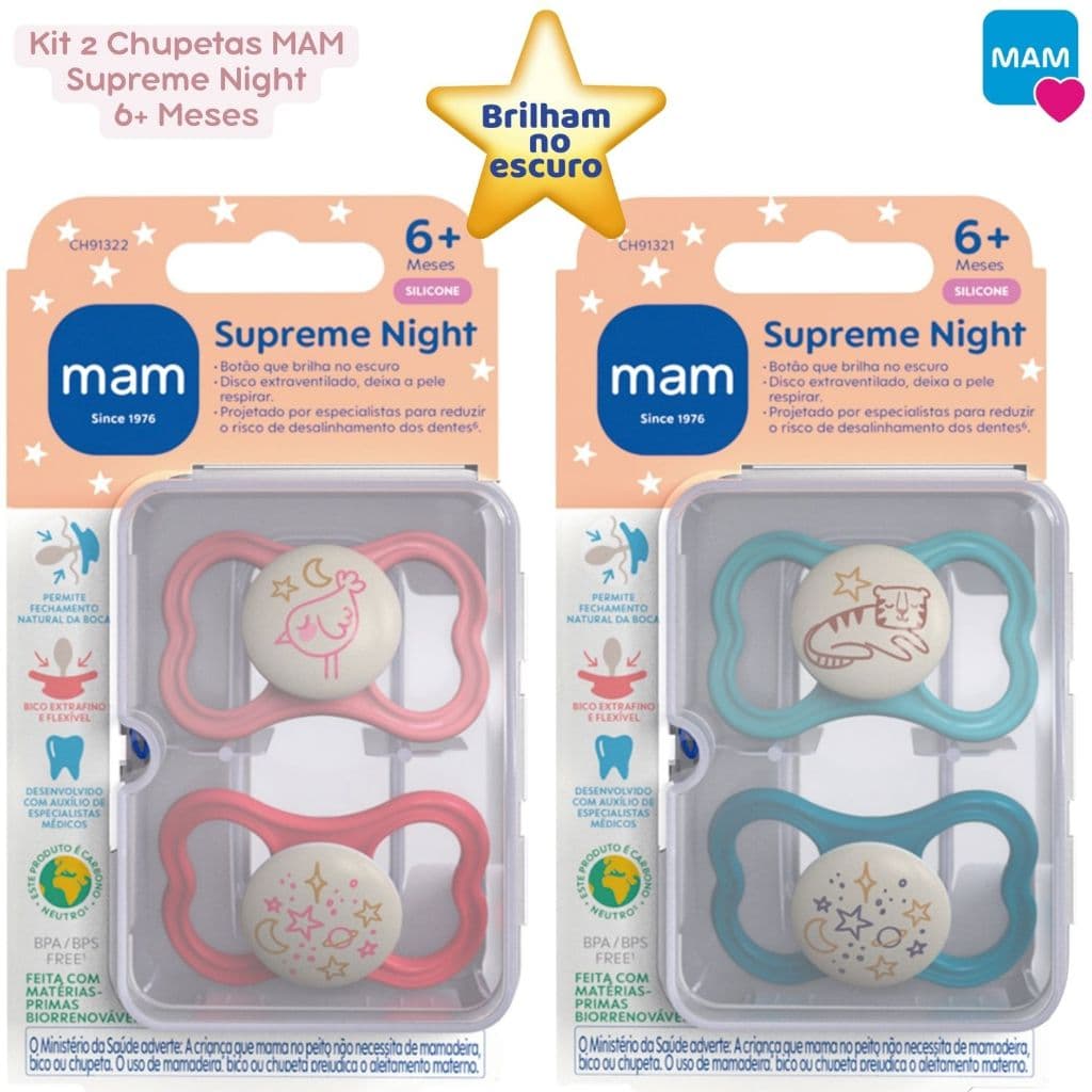 Chupeta MAM 6+ Meses Supreme Noturna Brilha no Escuro Embalagem Dupla Caixa para Esterilizar Bico Bebê Silicone Original