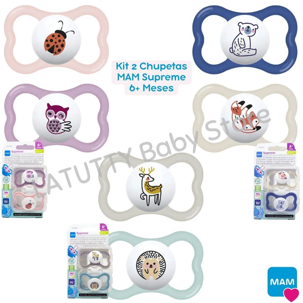 CHUPETA MAM SUPREME 6+ MESES EMBALAGEM DUPLA COM CAIXA PARA ESTERILIZAR BICO SILICONE SKIN SOFT BEBÊ MENINO MENINA