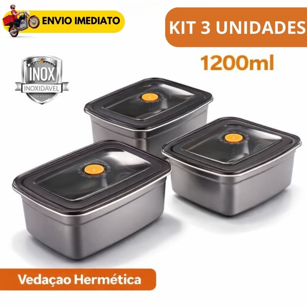 Pote Inox com Tampa hermética 1200ml Grande Vasilha Marmita Multiuso Freezer Alimentos Cozinha Organização Fitness