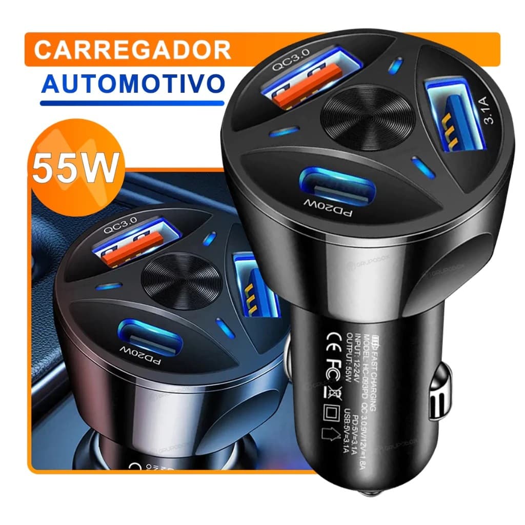 Carregador Veicular Turbo USB 3.0 USB-C 55W - Carregamento Rápido e Proteção Segura
