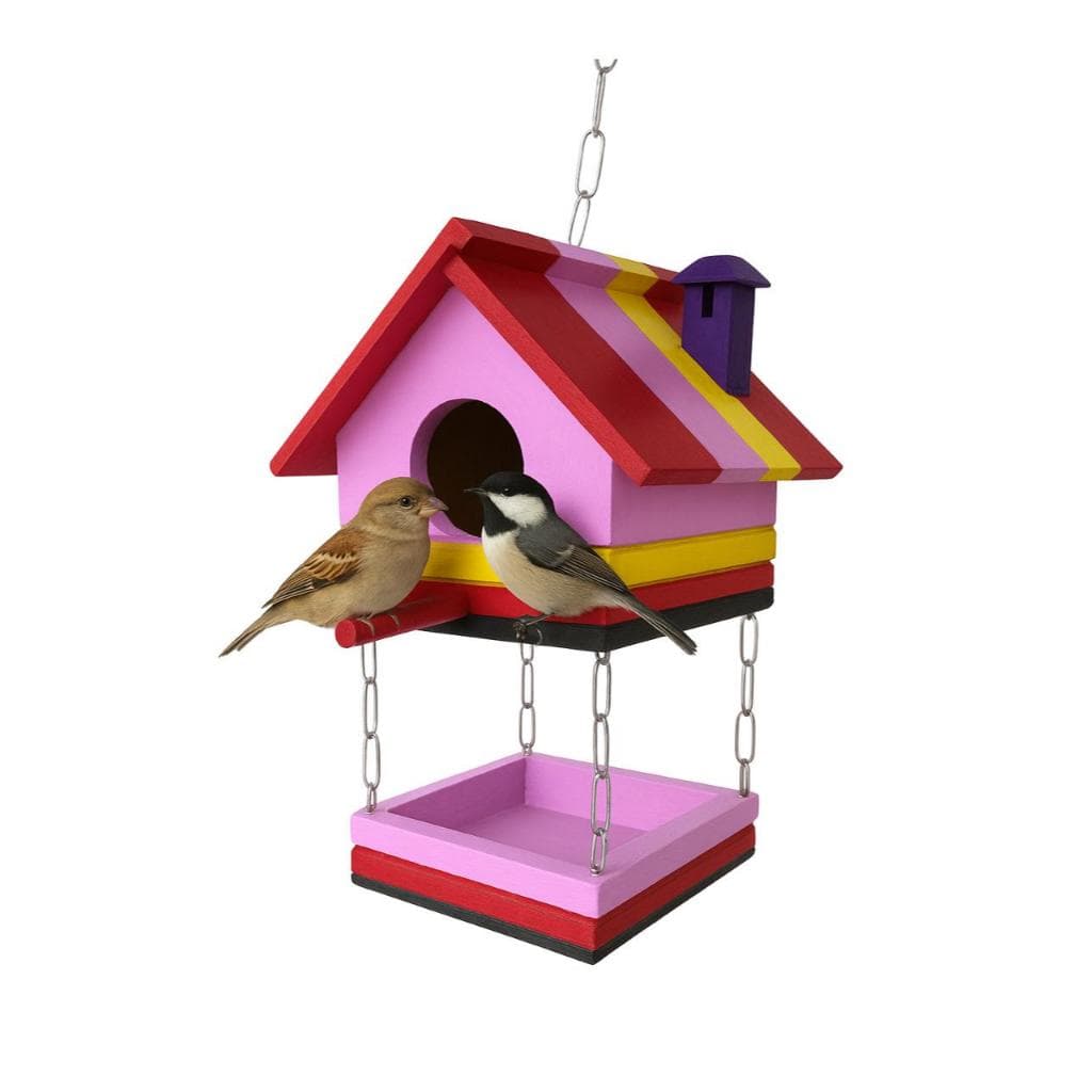 Casinha Casa De Passarinhos E Comedouro Decorativa para Jardim Rosa Colorida