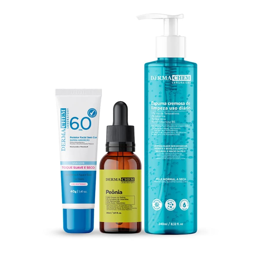 Dermachem Kit Uniformização da Pele Protetor Solar FPS60 Espuma Facial de Limpeza Sérum Peônia