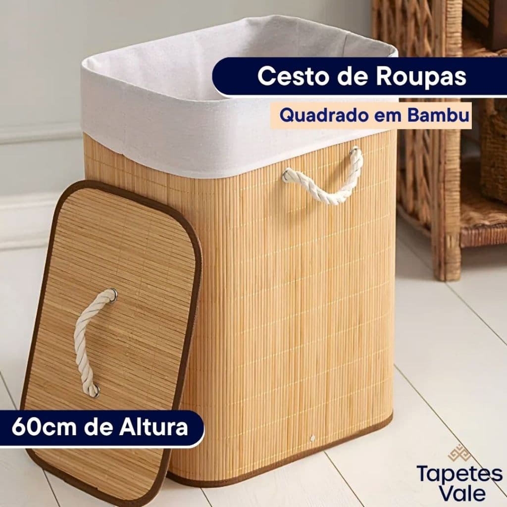 Cesto De Roupa Suja Bambu 72 Litros com Tampa e Alças Forrado Grande Organizador Banheiro