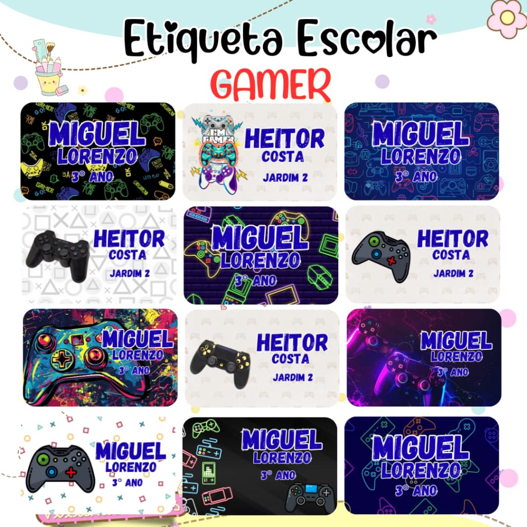 Kit de Etiqueta Escolar GAMER / VIDEO GAMER PERSONALIZADAS COM NOME E ANO ESCOLAR - FAZEMOS TODOS OS TEMAS
