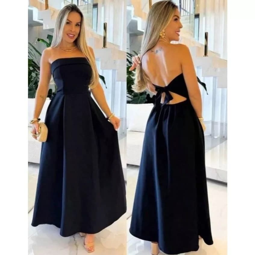 Vestido Longo Femenino Tomara Que Caia Com Bojo Drapeado Com Amarração nas Costas