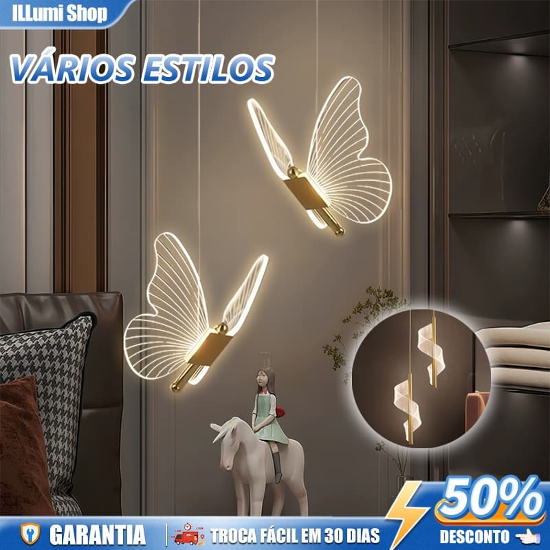 Luminária Pendente Lustre Borboleta de Luxo Dourado,Luz LED 3 Cores luminária Bivolt Para Estar Jantar Corredor