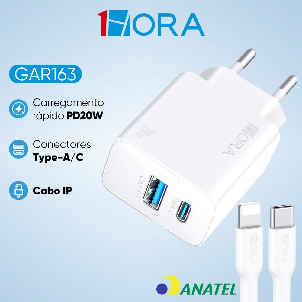 Carregador Rápido 1HORA GAR161 Pd 20w Duas Portas USB 18W + C 20W Branco + Cabo C/Lightnin 1M Branco