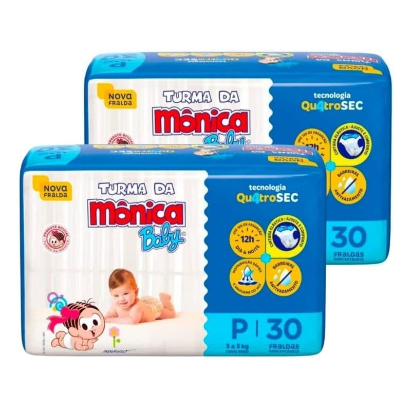 Kit 2 Pacotes Fralda Turma da Mônica Baby Jumbo P 30 Unidades