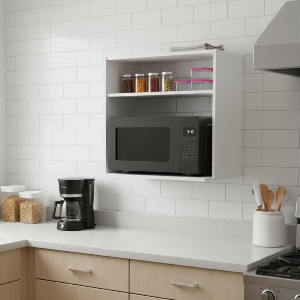 Suporte Duplo Parede Forno Elétrico Forninho 60cm Branco MDF Suspenso Cozinha Nicho Organizador