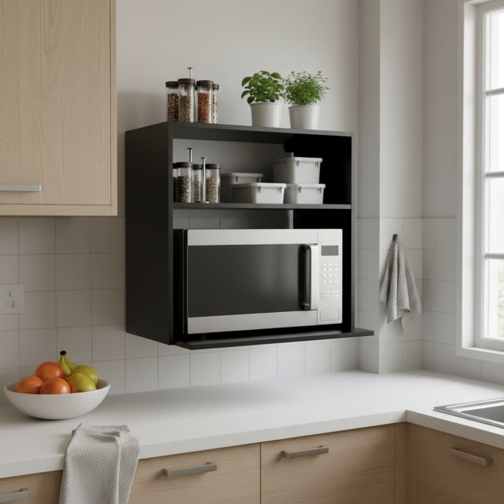Suporte Duplo Parede Microondas 60cm Preto MDP Aéreo Cozinha Nicho Prateleira Organizador Fixo