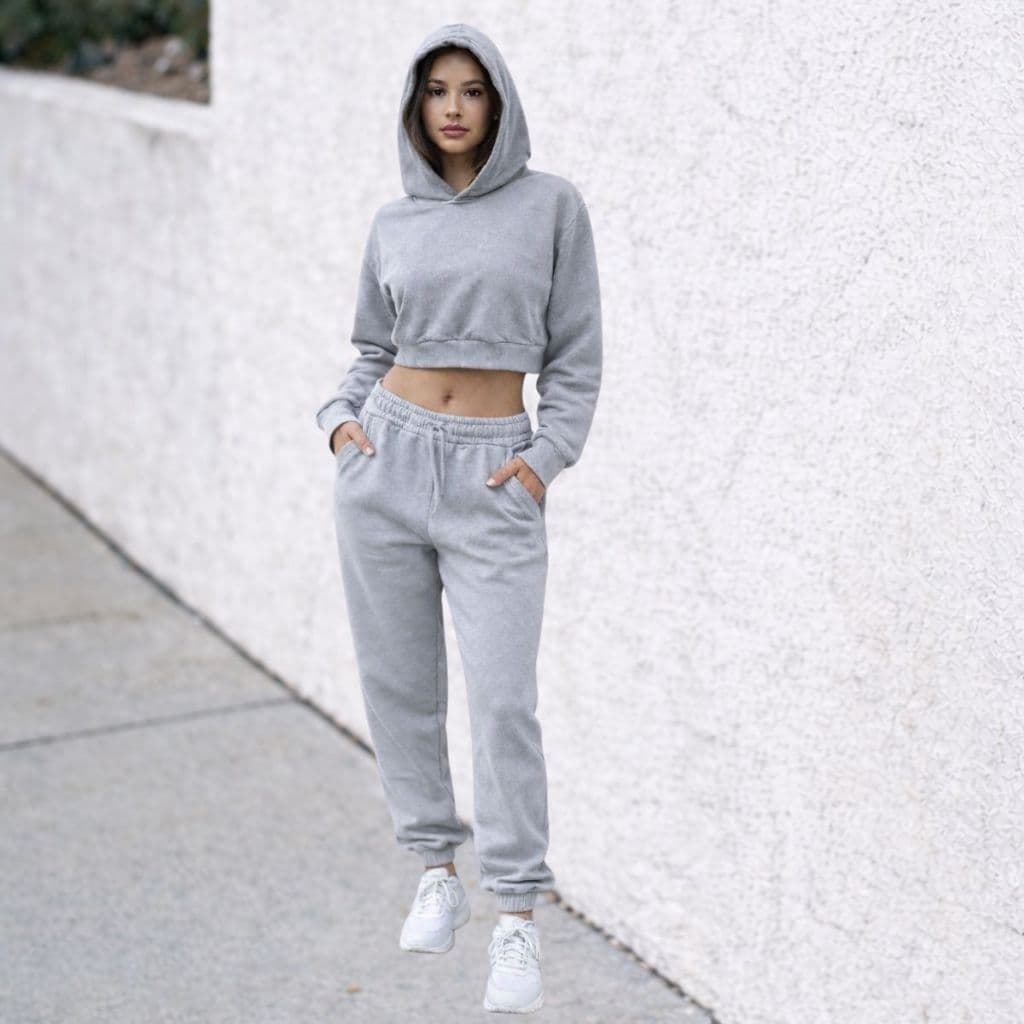 Conjunto Feminino Moletom Cropped Touca e Calça Estilo Casual