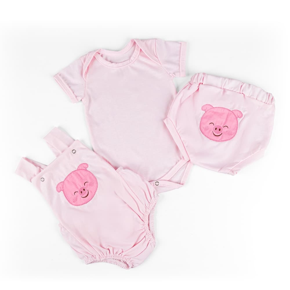 Conjunto Para Bebê de Bichinhos Porquinho Rosa 3 Peças Body Menino e Menina Bordado Roupas de Bebê