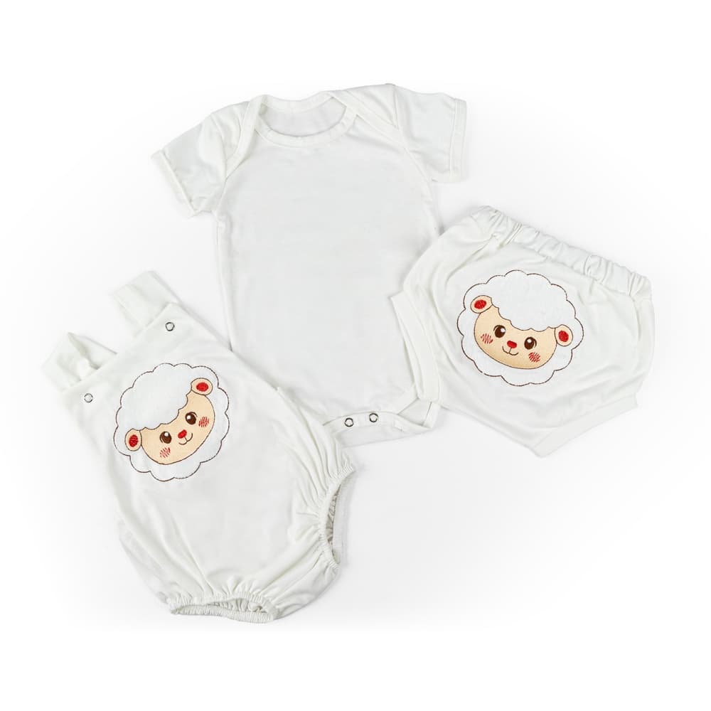 Conjunto Para Bebê de Bichinhos Ovelhinha Palha 3 Peças Body Menino e Menina Bordado Roupas de Bebê