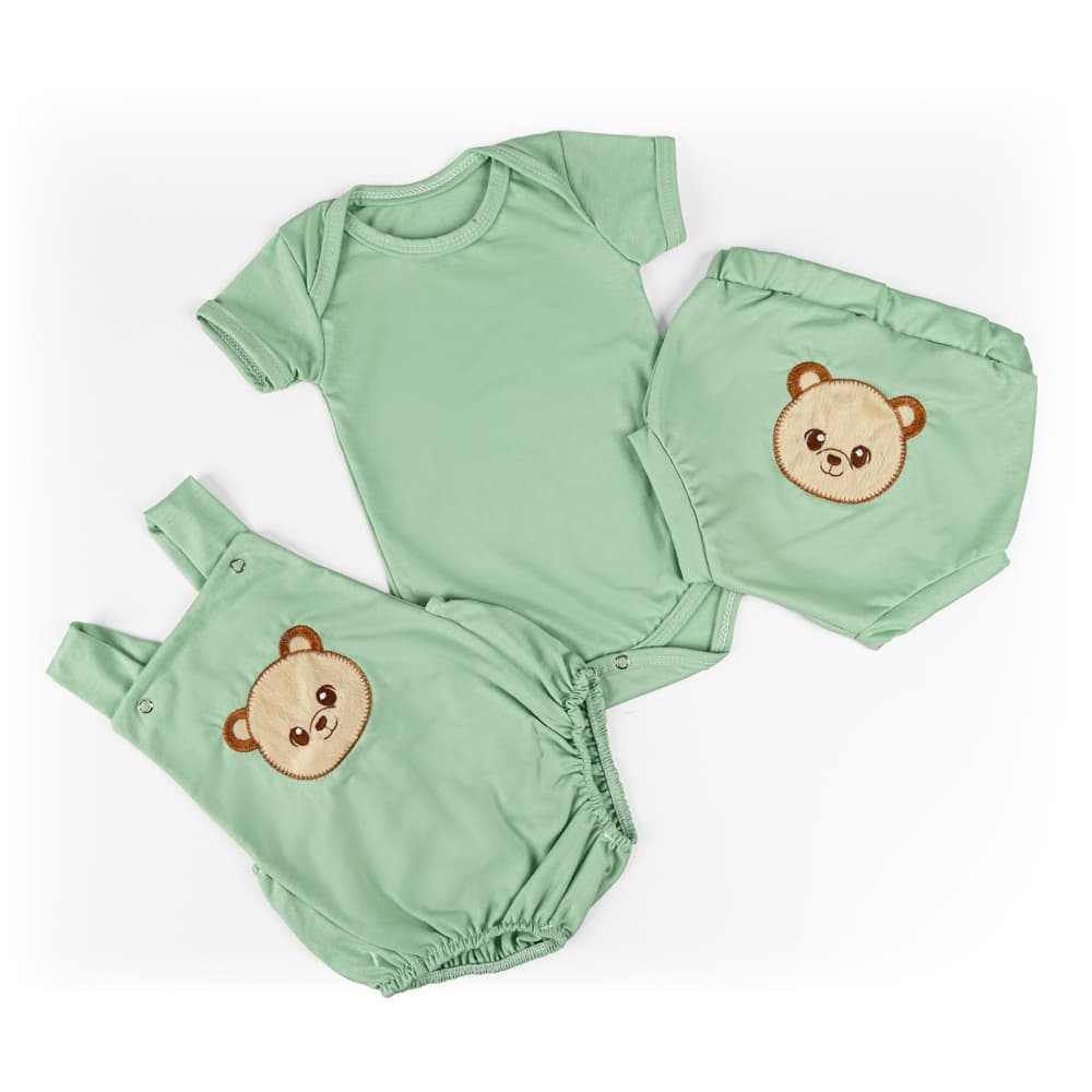Conjunto Para Bebê de Bichinhos Ursinho Verde 3 Peças Body Menino e Menina Bordado Roupas de Bebê