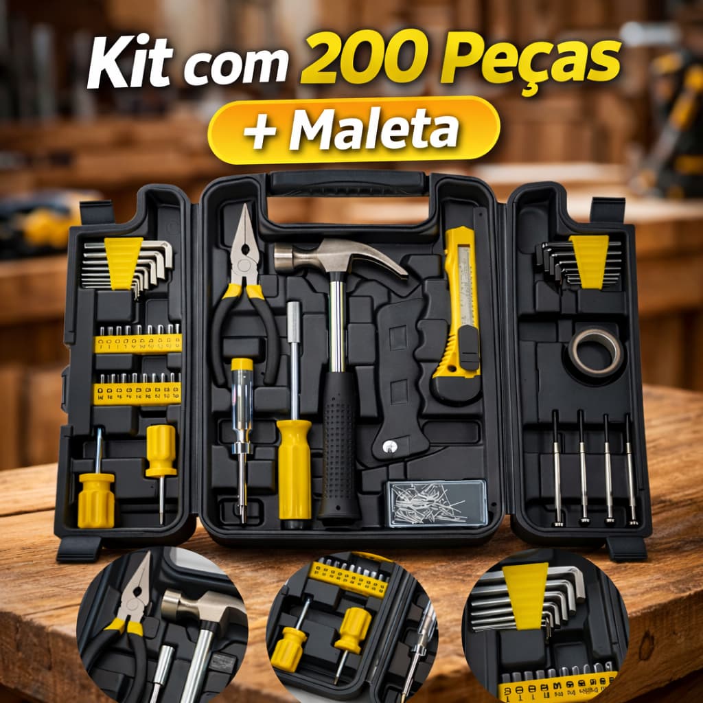 Kit Jogo De Ferramentas 200 Peças Profissional Completo com Maleta Soquetes e Chaves Alicates Fenda