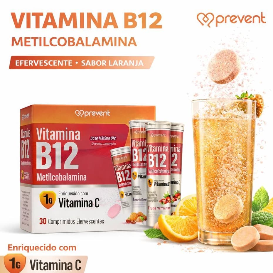 B12 Metilcobalamina Efervescente + Vitamina C - Sabor Laranja 30cpr