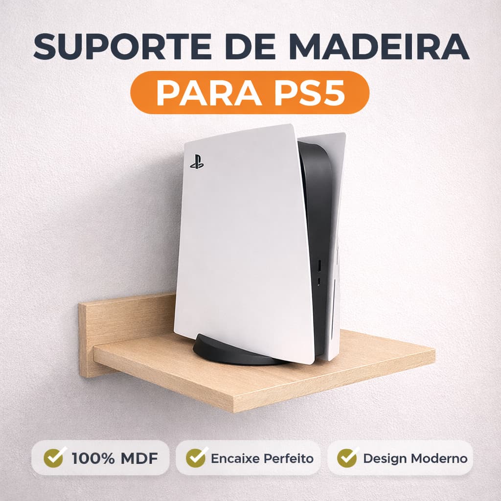 Suporte Base Gamer Ps5 e XBox Premium MDF Exclusivo Resistente Crua Branco Amadeirado, Prateleira Fixa de Parede