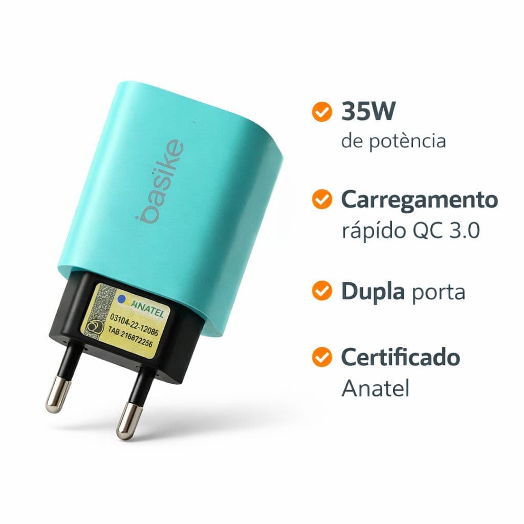 Carregador Turbo 35W GaN USB-C + USB-A Basike Original QC 3.0 Android IPhone Carga Rápida Bivolt