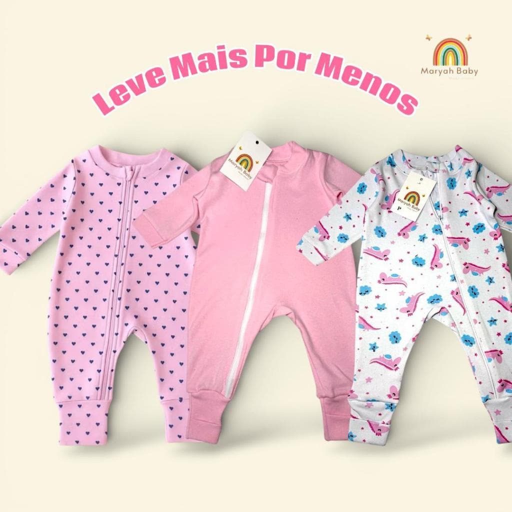 3 Macacões Bebê Vira Pé Com Zíper Menina 100% Algodão