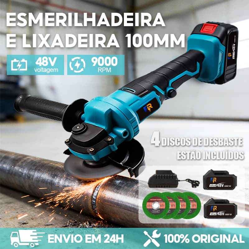 Esmerilhadeira Lixadeira Elétrica Sem Fio Angular 100mm 2 Baterias 48V 4 Discos