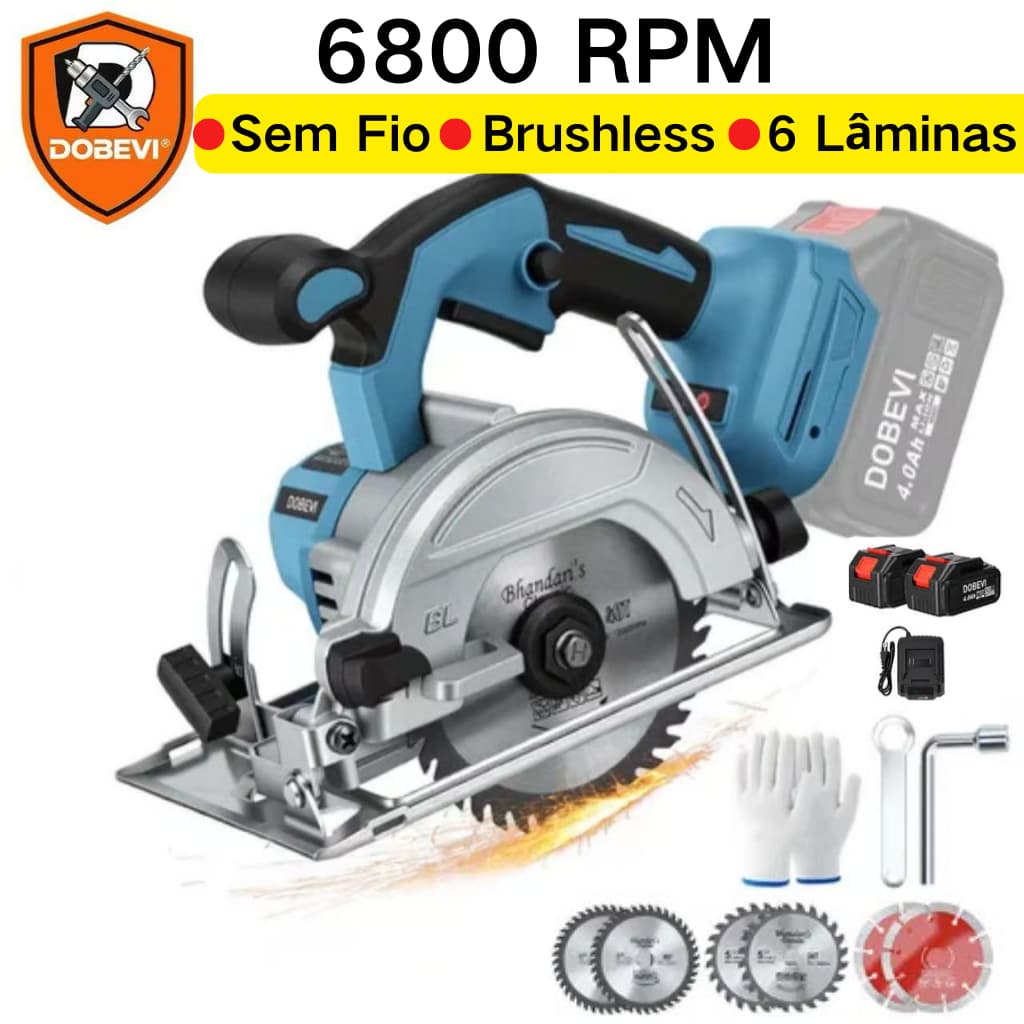 Serra Circular Sem Fio 6800 RPM Profissional Brushless 6 Lâminas + 2  4.0ah Baterias 127/220V | DOBEVI | Madeira e Pedra